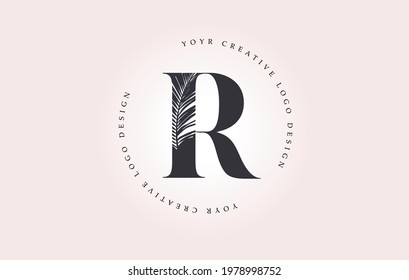 Exotic Letter R Logo with Palm Tree Leaf Pattern Texture Design Logo Icon. Creative Palm Tree Letter Logo with Modern Leafs Organic Natural Bio Idea.
