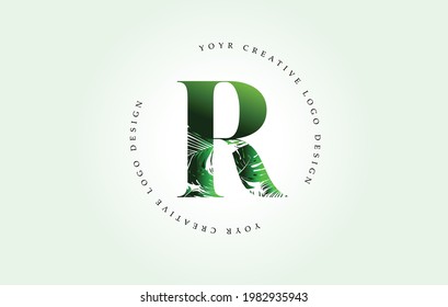 Exotic Letter R Logo mit dem Logo-Symbol für das Design des Musters aus Palmblättern. Creative Palm Tree Letter Logo mit modernen Bio-Bio-Ideen aus Leafen.