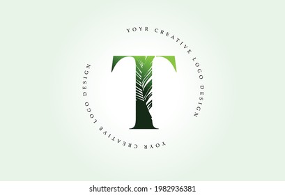 Exotic Letter T Logo with Palm Tree Leaf Pattern Texture Design Logo Icon. Creative Palm Tree Letter Logo with Modern Leafs Organic Natural Bio Idea.
