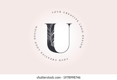 Exotic Letter U Logo with Palm Tree Leaf Pattern Texture Design Logo Icon. Creative Palm Tree Letter Logo with Modern Leafs Organic Natural Bio Idea.