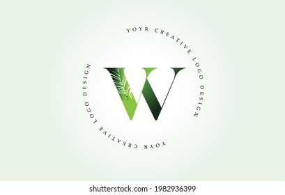 Exotic Letter W Logo with Palm Tree Leaf Pattern Texture Design Logo Icon. Creative Palm Tree Letter Logo with Modern Leafs Organic Natural Bio Idea.