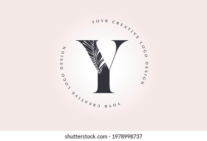 Exotic Letter Y Logo with Palm Tree Leaf Pattern Texture Design Logo Icon. Creative Palm Tree Letter Logo with Modern Leafs Organic Natural Bio Idea.