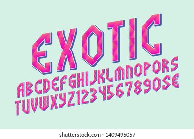 Exotic letters with numbers and currency signs Picturesque pink yellow pattern font. Isolated english alphabet.