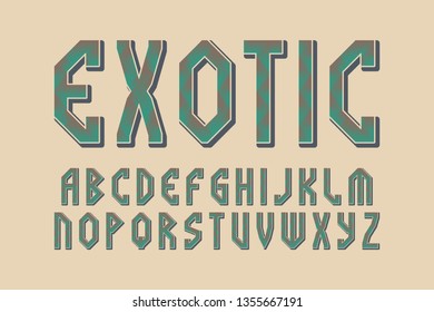 Exotic letters typeface. Herringbone pattern font. Isolated english alphabet.