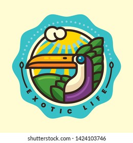 Exotic life sticker illustration in retro style with bird in nature. Vector illustration.