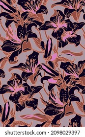 Exotic Lily flowers modern seamless pattern drawn by hand in trendy colors of the year. Home textile, wallpaper, fabric, bedding, package.
