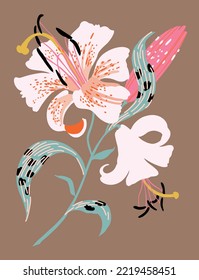 Exotic lily on beige. Modern elegant vector drawing of a white spotted lily. Beautiful wild flower isolated from the background. Trendy design, perfect for stationery, packaging.