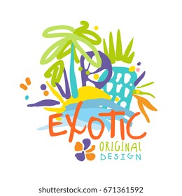 Exotic logo original design, beach holidays colorful hand drawn vector Illustration