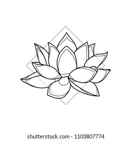 Exotic lotus flower in geometric background. Simple icon composition. Vector illustration. Line work. Modern monochrome logotype. Nature representation.