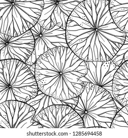 Exotic lotus leaves black and white vector seamless pattern