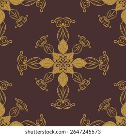 Exotic Magnificent Baroque Blooming Exquisitely Elaborate Seamless Pattern with Gold Scroll Ornament on Brown Background. Delicate Artistic Filigree Handicraft Drawn Embroidery Fabrics Textile Tiles