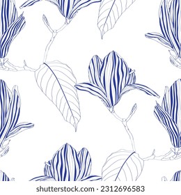 Exotic magnolia flowers and leaves illustration. Blue white seamless pattern.