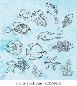 Exotic marine fauna (small fishes, algae, corals, jellyfish, starfish) , drawn with black pen on watercolor blue background. Vector illustration.
