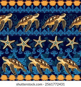 Exotic Marine Life Seamless Pattern Starfish Blue and orange Fabric print Sea turtles, Starfish, Seamless pattern, Ornate background, Marine life, Ocean theme, Underwater, Tropical, Nautical, 