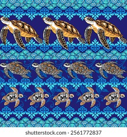 Exotic Marine Life Seamless Pattern Starfish Blue and orange Fabric print. Sea turtles, Starfish, Seamless pattern, Ornate background, Marine life, Ocean theme, Underwater, Tropical, Nautical,