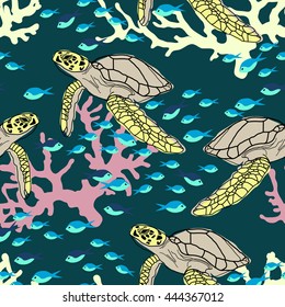 Exotic marine vector seamless pattern. Turtle and coral illustration