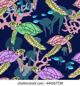 Exotic marine vector seamless pattern. Turtle and coral illustration