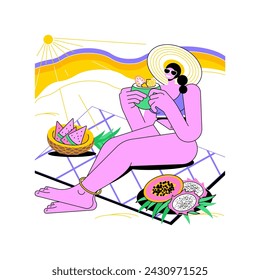 Exotic meal isolated cartoon vector illustrations. Girl eats exotic fruit on the beach, traditional meal during journey, luxury resort vacation, travelling time, summer holidays vector cartoon.
