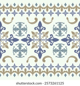 Exotic Miraculously Scroll Ornament Royal Blue Silk Weaves Embroidery on Pale Blue Background. Elegant Design Border Seamless Pattern Classy Decoration Vector for Wallpaper Textiles Bandana Handicraft