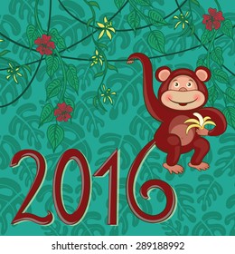 Exotic monkey 2016. Greeting card. Monkey symbol of New year. Vector illustration.