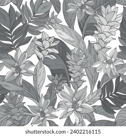 exotic monochrome seamless pattern of hand drawn alpinia purpurata ginger flower, tropical plants