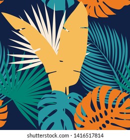 Exotic monstera, banana, palm leaf on a dark background. Print summer seamless colorfull vector pattern wallpaper in trend colors.