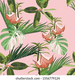 Exotic monstera, ficus and palms leaves. Orange lilies flower branch seamless pattern. Pink background.