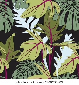 Exotic monstera and green tropical palm leaves, white background. Floral seamless pattern. Tropical illustration. Summer beach design. Paradise nature. 