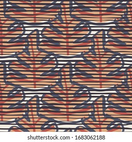 Exotic monstera leaf seamless pattern. Hand drawn foliage vector illustration. Plant leaves wallpaper on stripes backdrop. Endless botanical texture. Design for fabric, textile print, wrapping paper.
