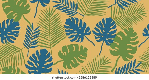 Exotic Monstera leaves seamless pattern. Hand drawn tropical leaves. Natural ornament for textile, fabric, wallpaper, home decor, background.