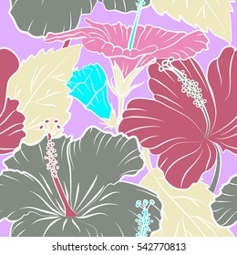 Exotic multicolor flowers in allover composition. Multicolor pattern for summer fashion, interior, wallpaper. Seamless vector tropical design with hibiscus, leaves and buds on a neutral background.
