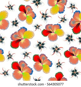 Exotic multicolor flowers in allover composition. Multicolor pattern for summer fashion, interior, wallpaper. Seamless vector tropical design with hibiscus, leaves and buds on a white background.