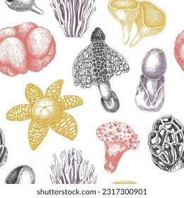 Exotic mushroom background. Hand-drawn fungi illustration in vintage style. Exotic forest plant seamless pattern. Weird mushroom in color. Texture design, packaging, textile, fabric.