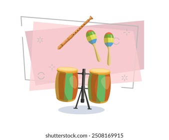 Exotic musical instruments vector illustration set. Conga drums, maracas and block flute. Music concept. Can be used for topics like musical band and concert