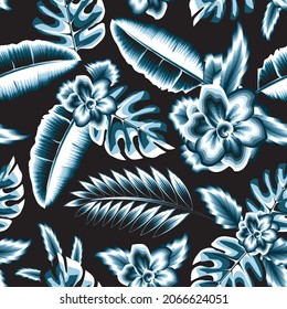 Exotic natural blue plant tropical seamless pattern fashionable with jasmine flower, banana leaves, monstera and fern leaf monochromatic color style on night background. summer texture