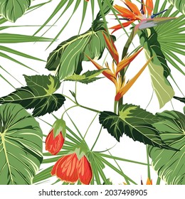 Exotic natural green plant, tropical bell flower, strelitzia composition on white background. Beach seamless pattern wallpaper with orchid, strelitzia, passiflora flowers.