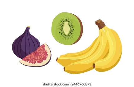 Exotic natural organic figs, banana, kiwi fruits vector illustration isolated on white background