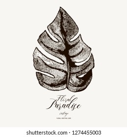 Exotic natural vintage vector black and white tropical leaves, flowers, monstera. Natural Illustration, greenery vibes