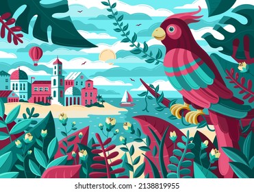 Exotic nature illustration. Bird on the sea background.