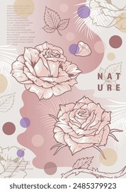 Exotic nature vintage poster colorful with rose buds and abstract spots near petals for floriculture magazine design vector illustration