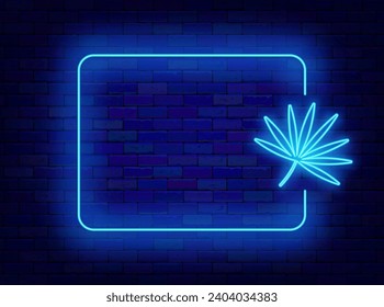 Exotic neon advertising. Palm leaf and empty turquoise frame. Rainforest blue design. Shiny banner. Copy space. Bright flyer. Glowing poster. Editable stroke. Vector stock illustration