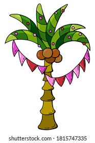 Exotic New Year. Palm tree - decorated with flags and balls. Cartoon style.  White background, isolator. Stock illustration. Cute picture for postcard design.
