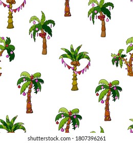 Año Nuevo Exótico. Ropa de guirnaldas sin mar, adornadas con palmeras de estilo artesanal. Fondo blanco, aislador. Diseño de papel pintado, empaque, tela, textil, papel envolvente.