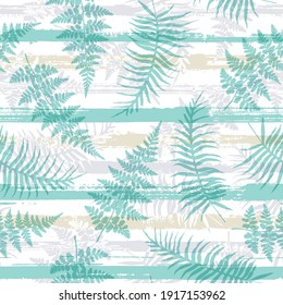 Exotic new zealand fern frond and bracken grass overlapping stripes vector seamless pattern. Indonesian forest foliage summer fashion print. Stripes and tropical leaves illustration.