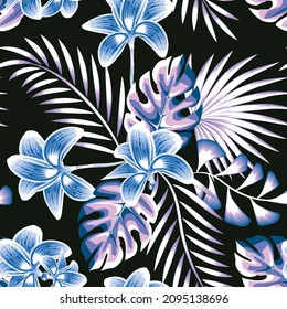 Diseño exótico de vectores de fondo nocturno con hojas de helecho de monstera tropical y follaje abstracto de flor. Colorido y elegante, florido. Fondo floral. Tropical exótico. Diseño de verano. fondo de pantalla natural