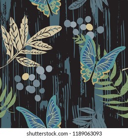 Exotic night scene with blue morpho butterflies Magical rainforest scene with ferns, bark, foliage. Seamless vector pattern. Great for home decor, fashion, packaging, textiles, journal covers, paper.