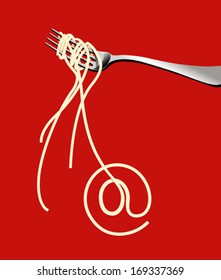 Exotic noodles on fork forming the shape of 'at' symbol