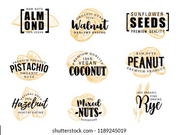 Exotic nuts lettering vector icons. Almond and coconut, peanut and hazelnut, sunflower seeds and pistachio, walnut and rye grains. Mixed nuts in shell, vector