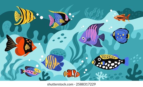 Exotic ocean fauna. Tropical fish on seabed. Marine seaweed. Underwater world. Natural habitat. Aquarium inhabitants. Coral reef goldfish. Undersea clownfish swim. Garish