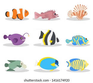 Exotic ocean fish flat vector illustrations set. Tropical deep water wildlife, sea life pack. Clownfish, blackbelly rosefish, angelfish. Beautiful coral reef fauna. Red volitan lionfish and angler